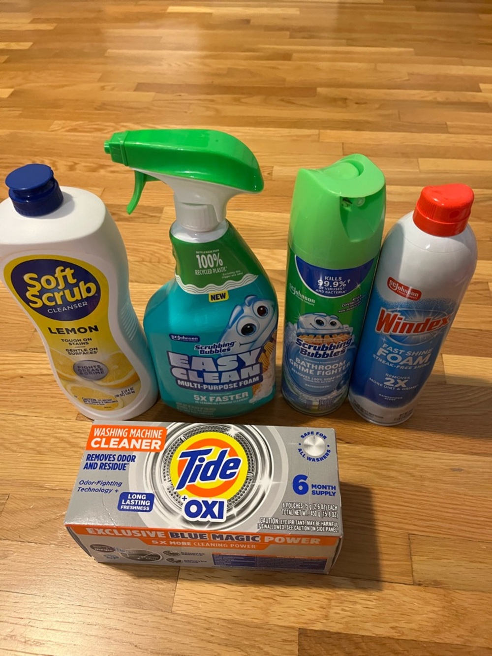 5pc Household cleaning supply bundle(Tide, soft scrub, scrubbing bubble, windex)